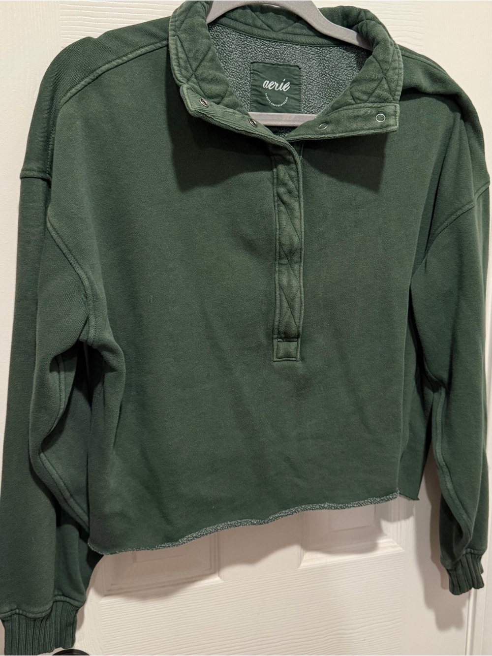 Aerie Oversized Cropped Sweatshirt XS Forest Green Snap Neck Pullover Fleece